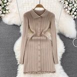 Vintage Inspired Long Sleeve Polo Dress Slim Fit Waist Defining Knitted Fabric Autumn Fashion fo