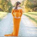 V Neck Long Sleeve Maternity Dress in Silk Cotton for Spring Photography Events in Multiple Sizes