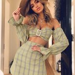 Two Piece Set Off Shoulder Top with Bell Sleeves Plaid Dress for Spring Summer Wholesale Availab