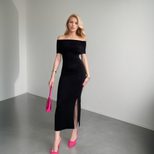 Off Shoulder Maxi Dress High Waist Slit Design Elegant Style Summer Evening Wear Wholesale Avail