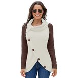 Womens Winter Sweater Color Block High Neck Button Detail Long Sleeve Asymmetrical Knit Casual W
