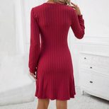 Wine Red High Waisted Midi Dress Slim Fit Elegant Style Perfect for Autumn and Winter Wholesale