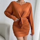 Batwing Sleeve Bodycon Dress Long Sleeve Round Neck Waist Tie Solid Color Winter Fashion for Par