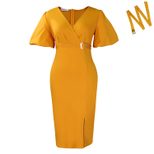 Fashionable Womens Dress V Neck Puff Sleeves Solid Color Bodycon Fit Side Slit Perfect for Parti