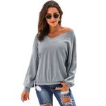 Loose Fit Long Sleeve Womens T Shirt Solid Color V Neck Casual Style Autumn Winter Wear Wholesal