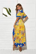 Womens Beach Dress Short Sleeve V Neck Flared Hem Floral Print Vacation Wear