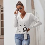 Double Breasted Waist Tie V Neck Long Sleeve Knit Sweater Womens Autumn Winter Fashion Cozy and