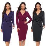 Long Sleeve V Neck Midi Dress Stretch Fabric Sexy Fit Includes Belt Autumn Winter Fashion Wholes