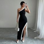 Summer Color Block Maxi Dress for Women Elegant Sexy High Slit Design Perfect for Parties and Ev