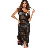 Sexy Hollow Out Deep V Neck Sleeveless Beach Dress with Fringe Lightweight Sheer Fabric Perfect