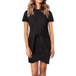 High Neck Short Sleeve Dress Solid Color Knee Length Tie Waist Casual Wear for Women Wholesale A