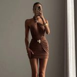 Fashionable Womens Bodycon Dress Halter Neck Metal Buckle Pleated Design Solid Color Autumn Wint