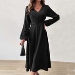 French Style V Neck Midi Dress Elegant A Line Silhouette High Waist Autumn Winter Fashion Wholes