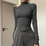 Womens T Shirt Invisible Zipper Stand Collar Casual Street Style Autumn Winter Collection