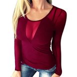 Womens Long Sleeve V Neck Lace Panel T Shirt Sheer Top Slim Fit Casual Wear Wholesale fast shipping