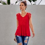 V Neck Lace Trim Pleated Top Regular Fit Elegant Design Versatile Style Wholesale Available OEM