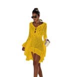 Irregular Deep V Sexy Hollow Out Knitted Beach Cover Up Dress Bell Sleeves Lightweight Fabric Su