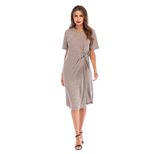Loose Fit Solid Color Twisted Knot Irregular Midi Dress Short Sleeve Casual Style Summer Wear Wh