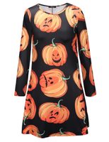 Pumpkin Skull Print Long Sleeve Dress for Women Casual Fall Winter Style Available in Multiple Sizes Wholesale Supply