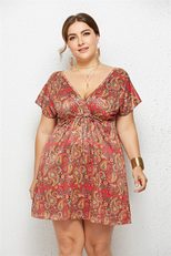 Plus Size V Neck Digital Print Dress Beach Vacation Style Lightweight Fabric