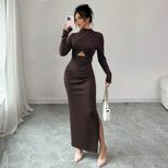 Slim Fit Long Sleeve Midi Dress Sexy Side Slit Waist Cutout Elegant Style Perfect for Autumn and