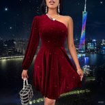 Elegant Burgundy One Shoulder Dress Sexy Fit Short Length Autumn Winter Style Wholesale Availabl