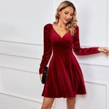 Velvet A Line Dress V Neck Waist Cinching Elegant Autumn Winter Party Wear Wholesale Available