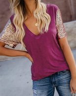 Womens Casual V Neck Sequin Short Sleeve T Shirt Summer Collection in Multiple Sizes