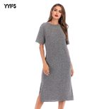 Womens Casual Solid Color Short Sleeve Round Neck Split Hem Dress Autumn Fashion Wholesale Avail