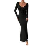 Elegant Long Sleeve Bodycon Dress Deep U Neck Front Tie Slim Fit Chic Style Perfect for Evening