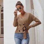 Double Breasted Waist Tie V Neck Long Sleeve Knit Sweater Womens Autumn Winter Fashion Cozy and