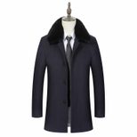 Mens Business Casual Mid Length Detachable Wool Blend Overcoat Stylish Turn Down Collar Versatil