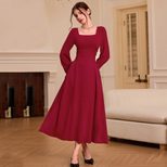 French Square Neck Burgundy Long Sleeve Dress Vintage Style Slim Fit Autumn Winter Wholesale Ava