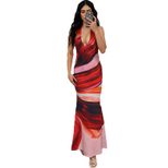 Womens Spring Fashion Dress Sexy Halter Neck Color Block Print Bodycon Fit Backless Design Eveni