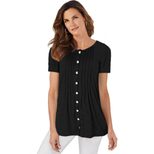 Womens Summer T Shirt Short Sleeve Round Neck Button Detail Loose Fit Casual Wear