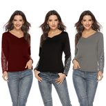 Sequin Patchwork Long Sleeve V Neck T Shirt for Women Autumn Winter Fashion Casual Wear Wholesal