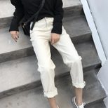 跨境货源2023春秋韩版新款学生米白色直筒牛仔裤女阔腿宽松九分裤