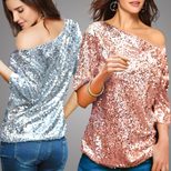 Womens Loose Fit Sequin Shoulder T Shirt Solid Color Three Quarter Sleeve Casual Style Wholesale