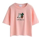 Cotton Crop Top Short Sleeve Cactus Embroidery Minimalist Design Summer Casual Wear Wholesale Av