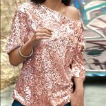 Womens Loose Fit Sequin Shoulder T Shirt Solid Color Three Quarter Sleeve Casual Style Wholesale
