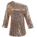 Womens Loose Fit Sequin Shoulder T Shirt Solid Color Three Quarter Sleeve Casual Style Wholesale
