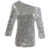 Womens Loose Fit Sequin Shoulder T Shirt Solid Color Three Quarter Sleeve Casual Style Wholesale