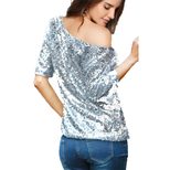 Womens Loose Fit Sequin Shoulder T Shirt Solid Color Three Quarter Sleeve Casual Style Wholesale