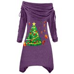 Plus Size Womens Long Sleeve Christmas Tree Print Ruffled Neck Irregular Hem Drawstring Knit Dre