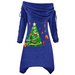 Plus Size Womens Long Sleeve Christmas Tree Print Ruffled Neck Irregular Hem Drawstring Knit Dre