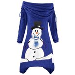 Womens Christmas Snowman Print Dress Pleated Collar Asymmetrical Hem Drawstring Design Perfect f
