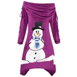 Womens Christmas Snowman Print Dress Pleated Collar Asymmetrical Hem Drawstring Design Perfect f
