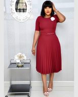 Plus Size Womens Summer Dress Belted Pleated Round Neck Mid Length Casual or Formal Occasions Wh