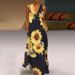 Bohemian Sunflower Print Maxi Dress V Neck Sleeveless Pocket Design Summer Casual Wear Wholesale