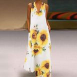 Bohemian Sunflower Print Maxi Dress V Neck Sleeveless Pocket Design Summer Casual Wear Wholesale